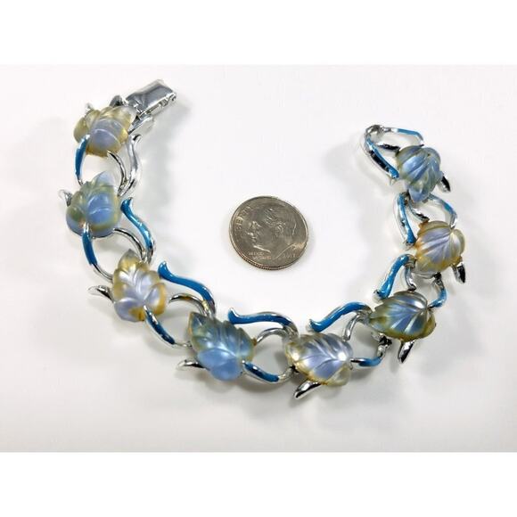 Vintage STAR Blue Lucite Leaves Bracelet 1960s Rhodium Plate Small - Picture 3 of 9